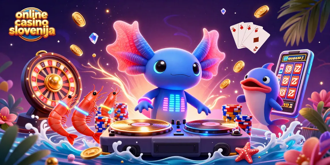 Sprožite energijo v online casino Sloveniji svetu z 3D ilustracijo vznemirljivega igralniškega DJ-a in barvitih elementov.