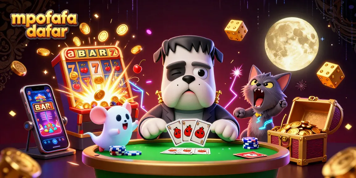 Experience thrilling card games with mpofafa daftar featuring a lively scene of a Frankenstein bulldog dealer.