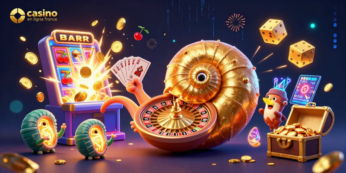 Illustration dynamique de casino en ligne France avec un nautilus et des machines à sous, des cartes et des pièces d'or.