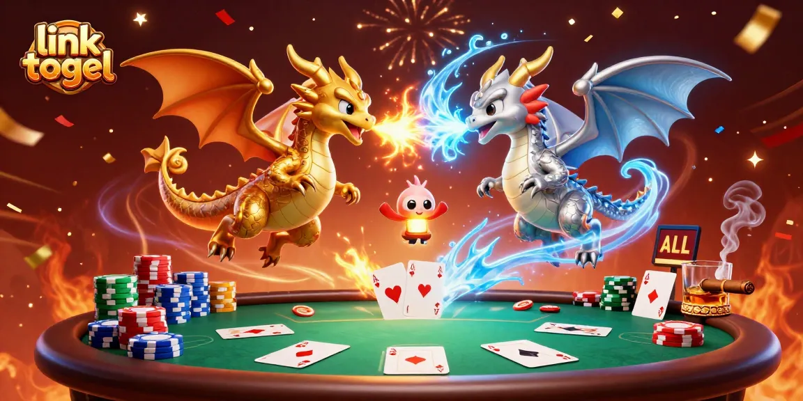 Engage with link togel as twin dragons compete in a vibrant poker battle with chips and cards.