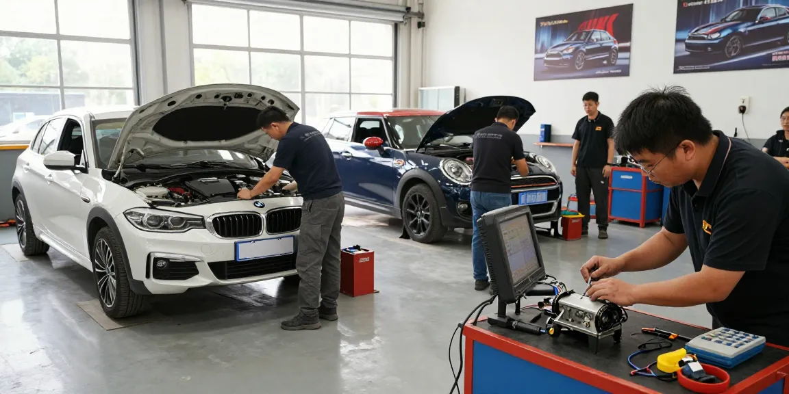 Chiptuning Hannover in einer modernen Werkstatt mit Mechanikern, die BMW und MINI Fahrzeuge optimieren.
