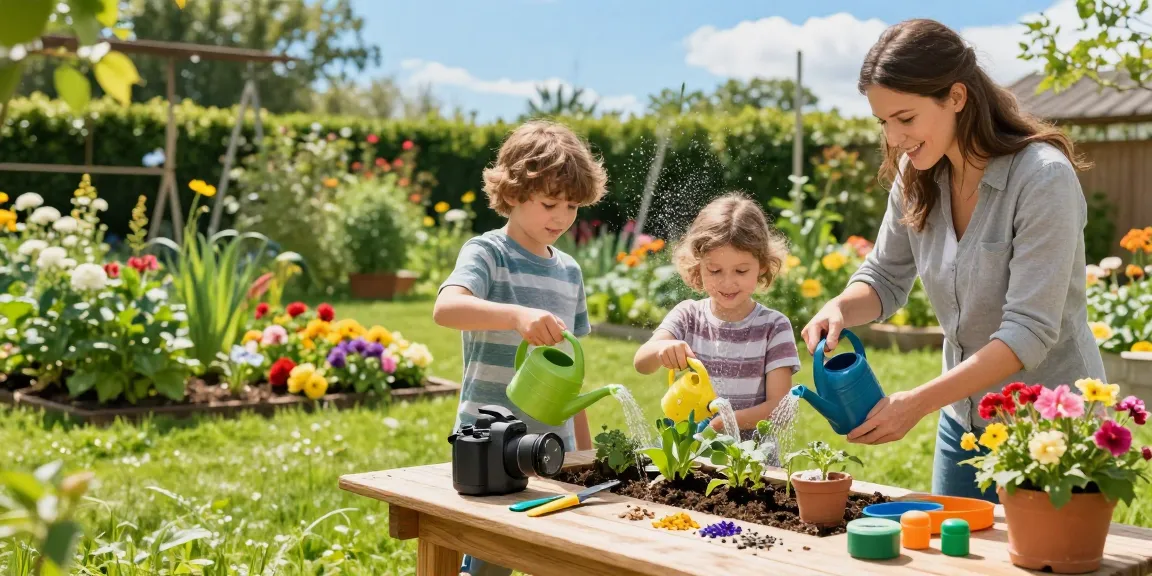 Family setting up a rainpoint sprinkler timer in a vibrant garden