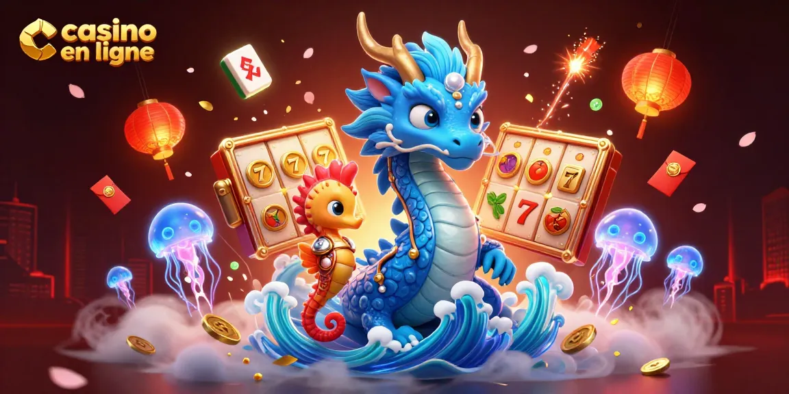 Le jeu de casino en ligne prend vie avec un dragon des eaux, un chevalier hippocampe et des éléments festifs animés.
