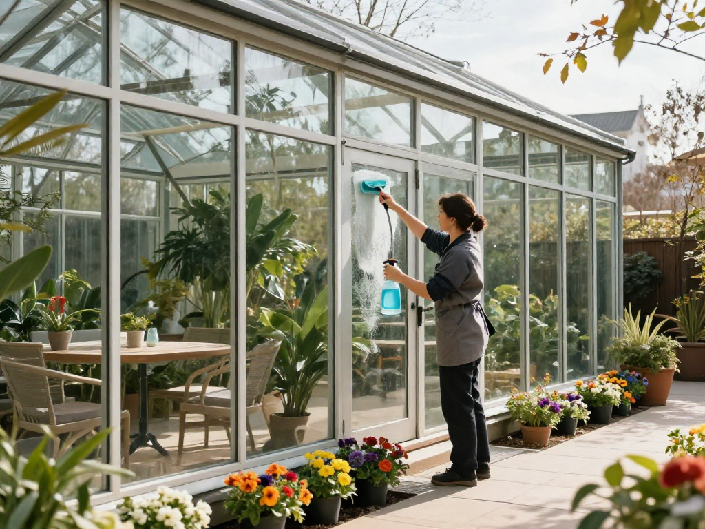 Wintergartenreinigung Firma Dortmund – Professioneller Dienst reinigt Fenster und Rahmen in einem gepflegten Wintergarten mit Pflanzen.