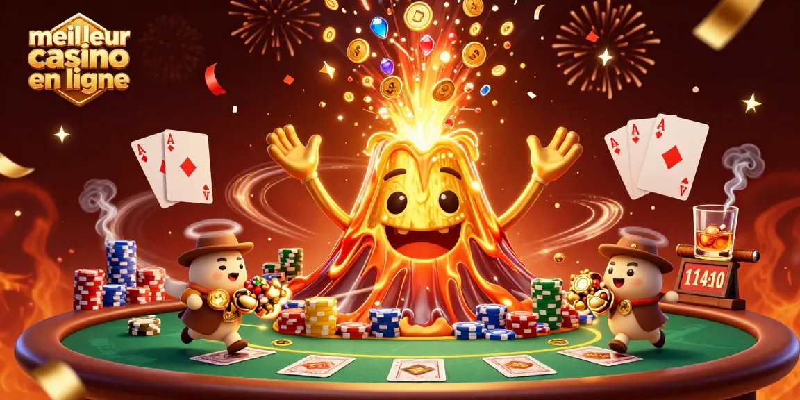 Gagnez des trésors au meilleur casino en ligne avec le volcan doré et des cartes de poker.