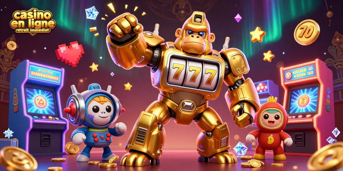 Casino en ligne retrait immédiat : Intense illustration 3D de machines à sous et gorilles mécaniques.