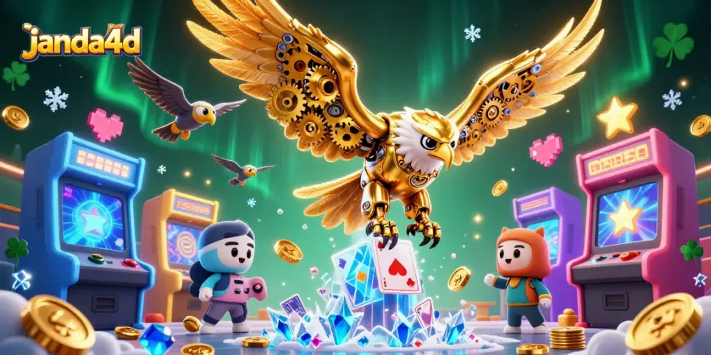 JANDA4D menampilkan elang emas cybernetic terbang melalui kartu holografik di dunia kasino yang meriah.