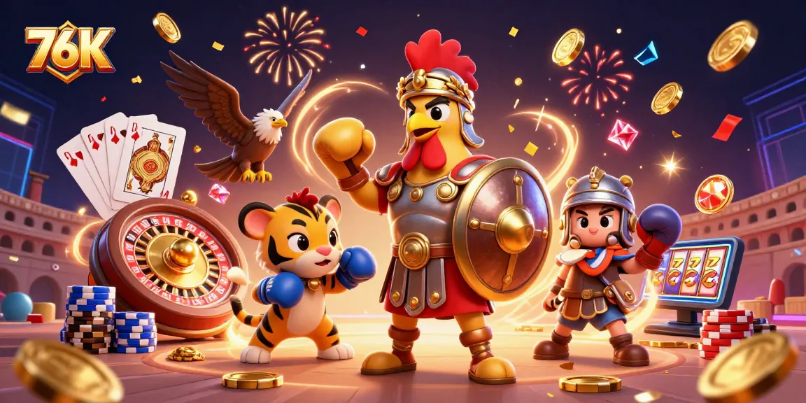 Engage with winning slots and thrilling games at 76K, featuring vibrant casino scene elements.