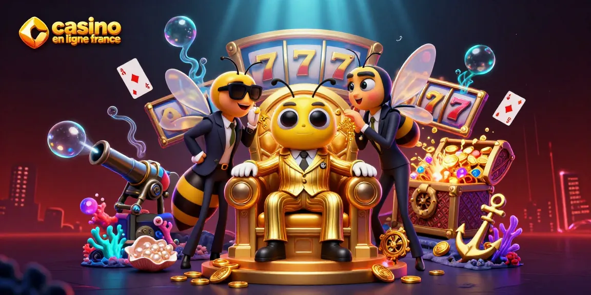 Cette illustration 3D illustre un bumblebee mob boss dans un casino en ligne France avec des éléments colorés de jeux.