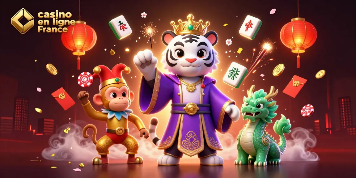 Illustration dynamique d'un casino en ligne France avec un tigre et un dragon, ambiance festive.