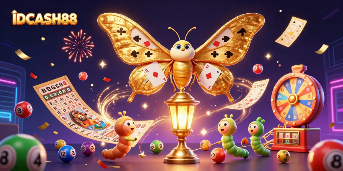 Engage with IDCASH88's vibrant gaming atmosphere featuring golden elements and dynamic lottery games.