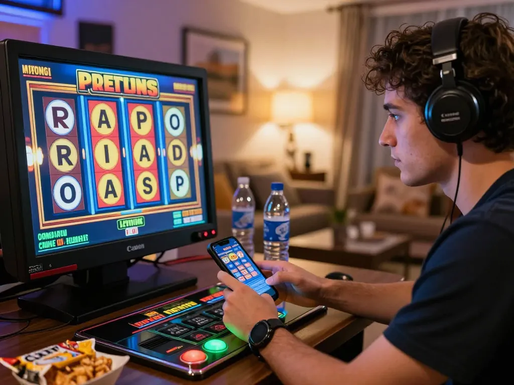 Engaged player enjoying slot gacor gampang menang while spinning reels on mobile device in cozy home setting.
