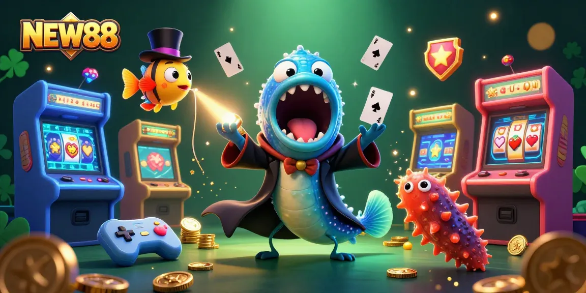 Experience the fun of NEW88 as a deep-sea gulper eel performs magic tricks in a vibrant casino-themed scene.