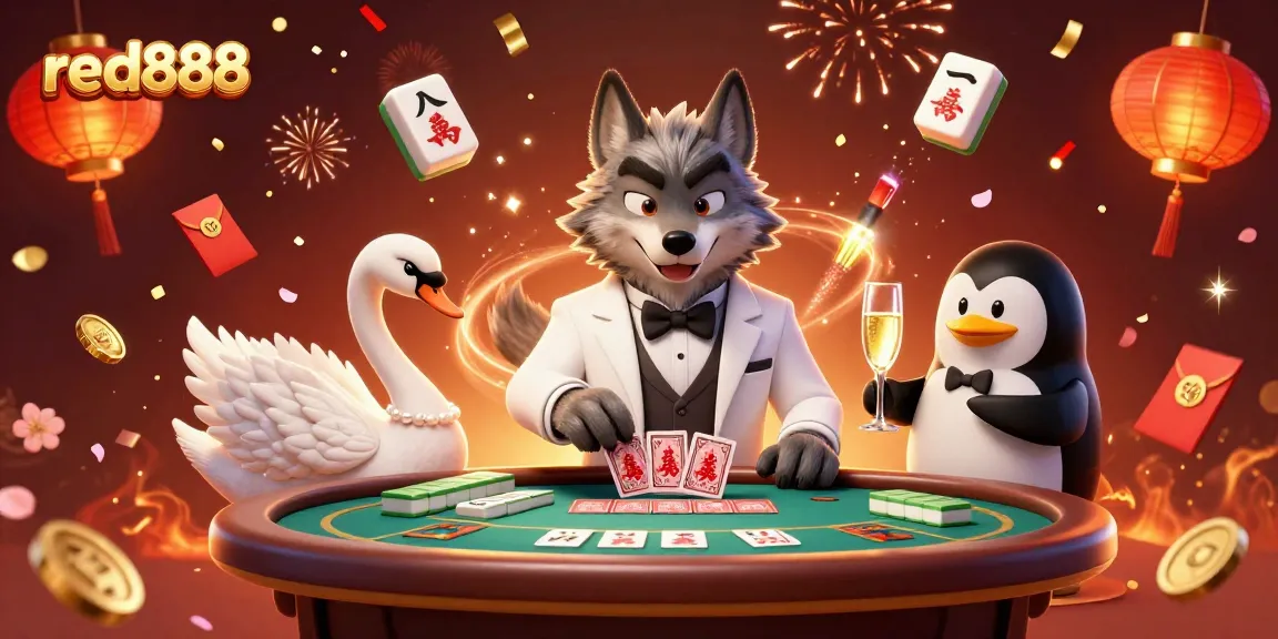 Experience red888 excitement with a debonair wolf and elegant swan at an exhilarating baccarat table!