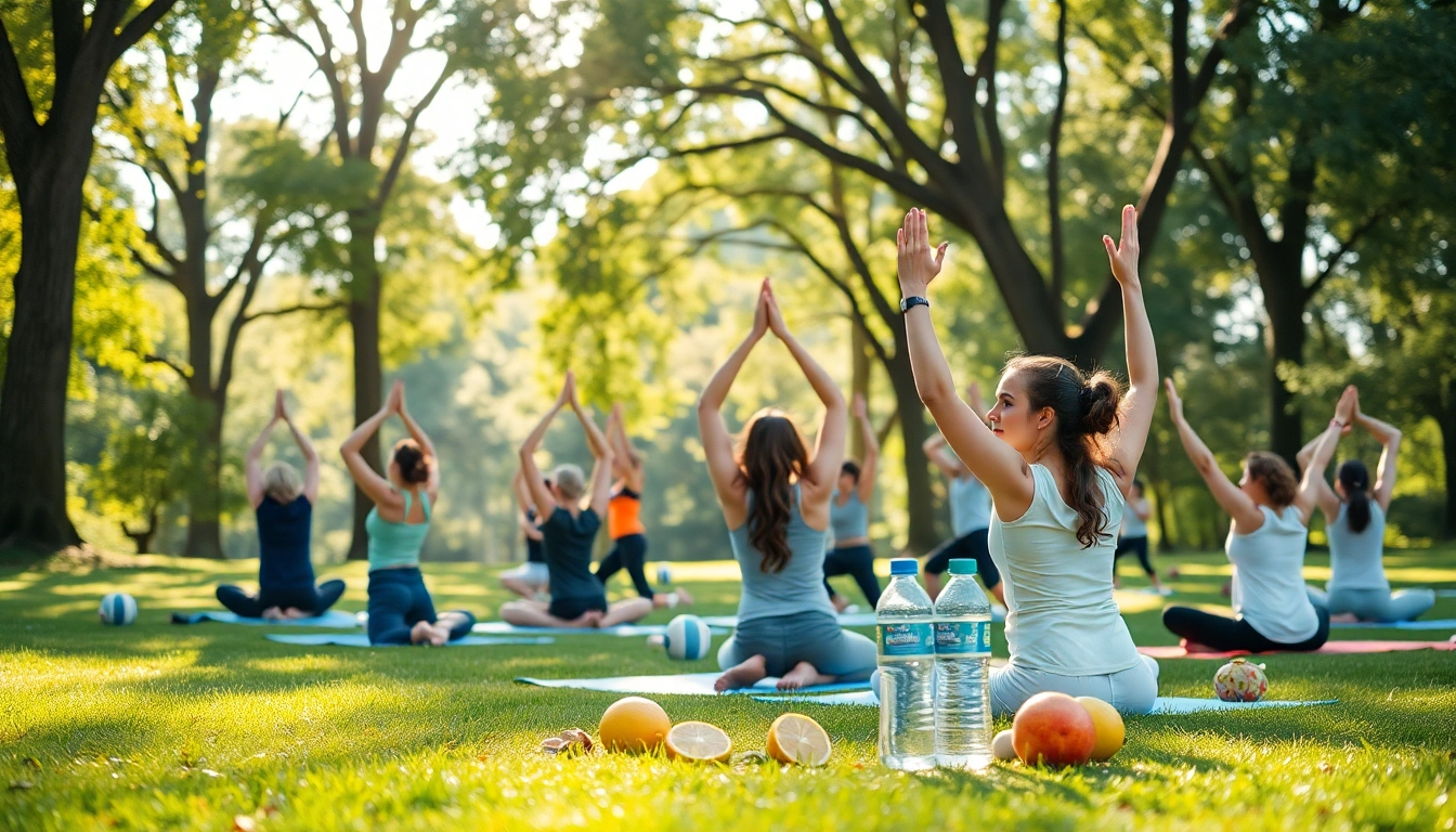 Boost your health with a diverse group practicing wellness in a natural park setting.