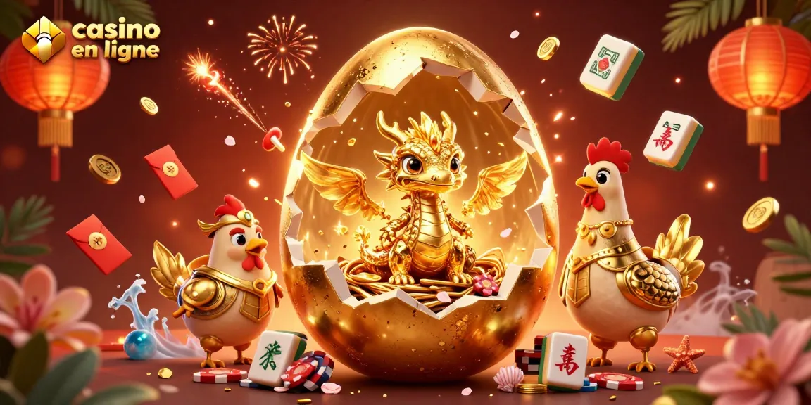 Jouez au casino en ligne avec des dragons dorés et des jetons de poker scintillants.