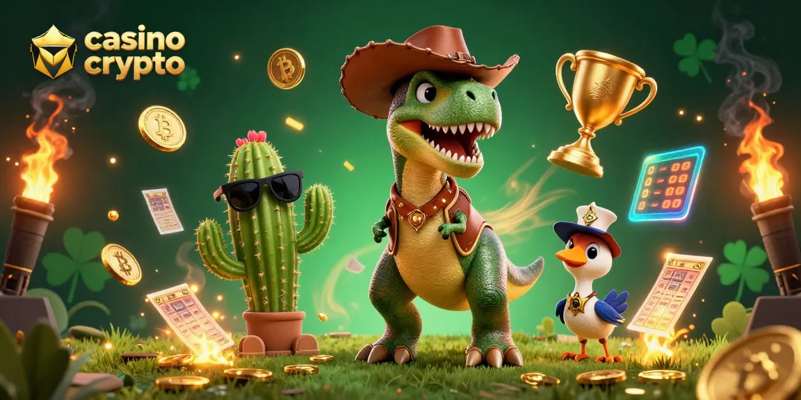 Vinci nel casino crypto con un T-Rex cowboy e amici tra monete e giochi avvincenti.