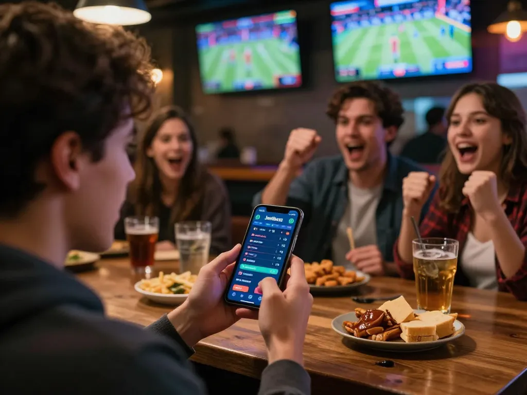 Engaged user placing bets on Jeetbuzz during a live sports event at a lively sports bar.