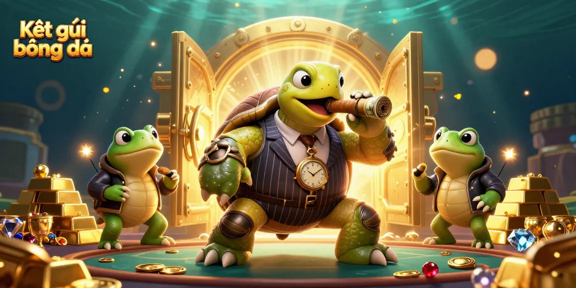 Engage with Kết quả bóng đá as a dynamic snapping turtle in a casino, flanked by bullfrog enforcers amid treasures.