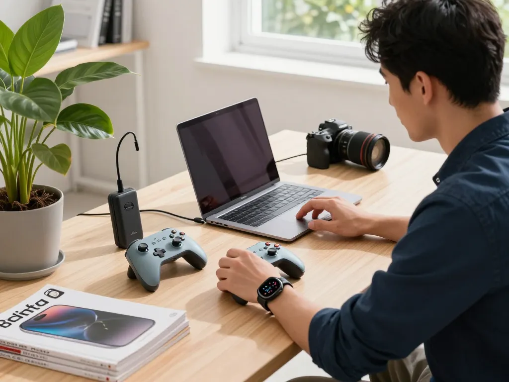 Discover must have tech gadgets showcased in a vibrant modern office with innovative gadgets and a stylish workspace.