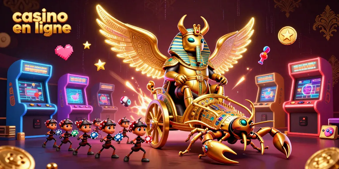 Découvrez un casino en ligne avec des éléments captivants, incluant un scarabée doré et des machines à sous animées.