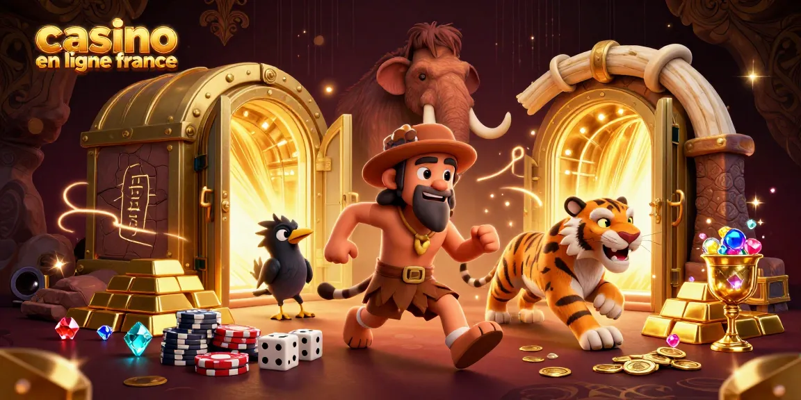 Visualisez un casino en ligne France historique avec un homme des cavernes et un tigre à dents de sabre jouant aux jeux de hasard.