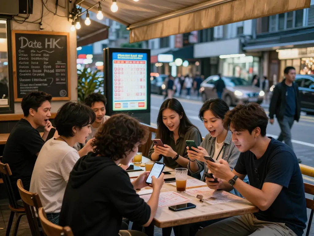 Friends celebrating Data HK lottery results in a lively urban cafe, showcasing excitement and community.