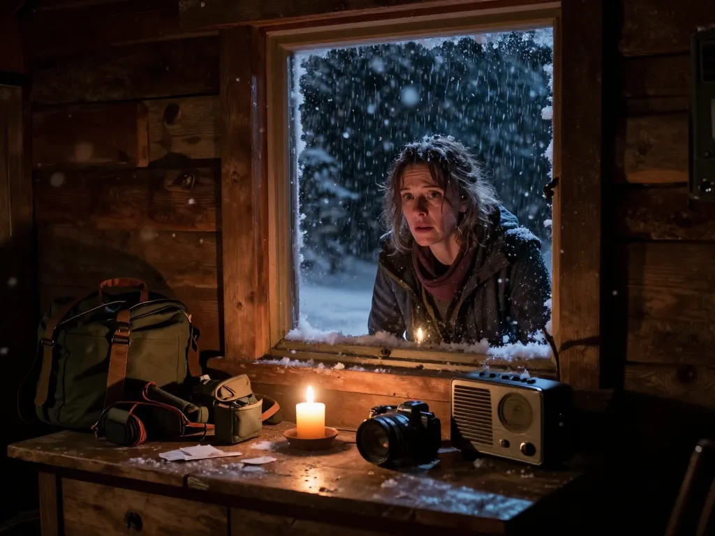 Grief-stricken woman in a cabin during a storm in Dead of Winter movie.
