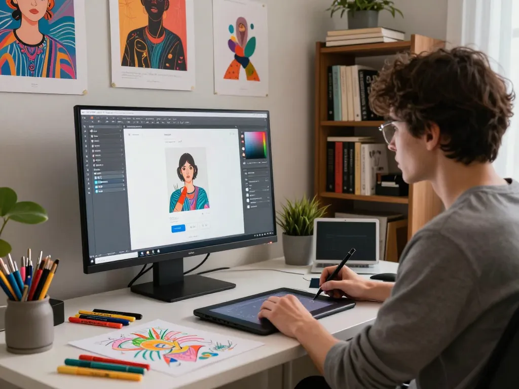Artist generating image to prompt for AI art in a modern workspace.
