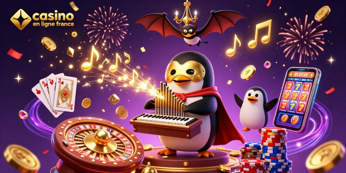 Visualisez le casino en ligne France avec un pingouin jouant de l'orgue et des pièces d'or jaillissantes.