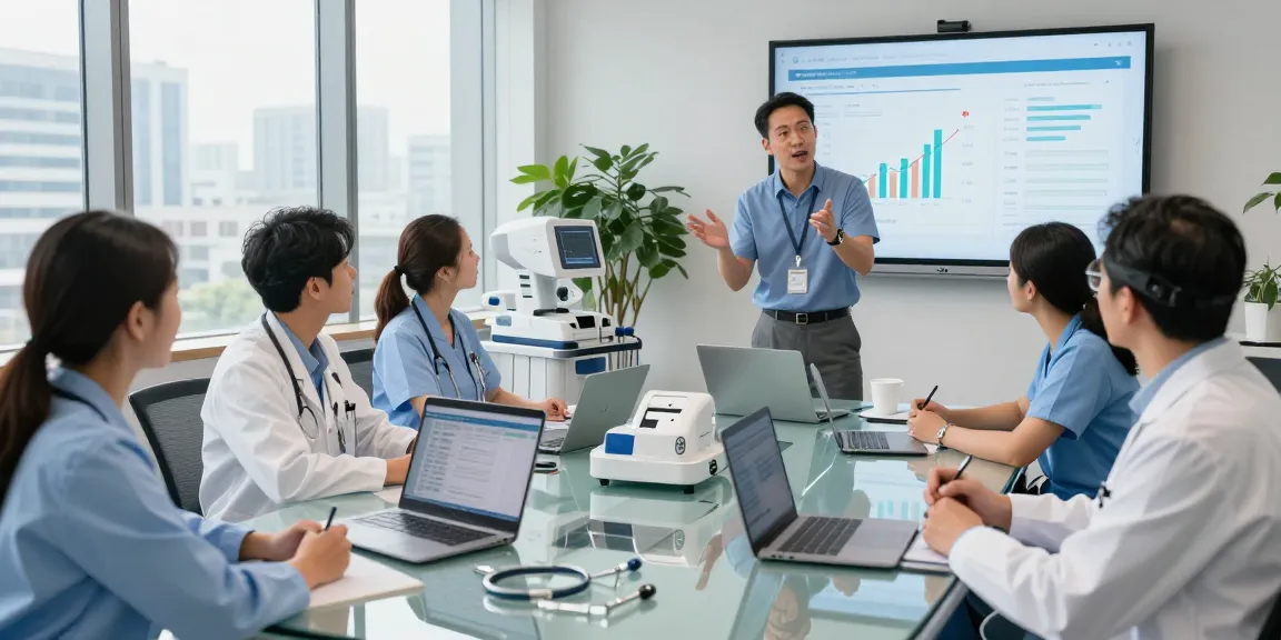 A team discussing medical device sales strategies with product samples and digital presentations in a modern conference room.