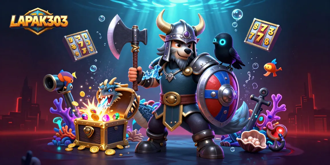 LAPAK303 presents an exciting scene with a Viking wolf warrior, dragon, and raven amid casino elements.