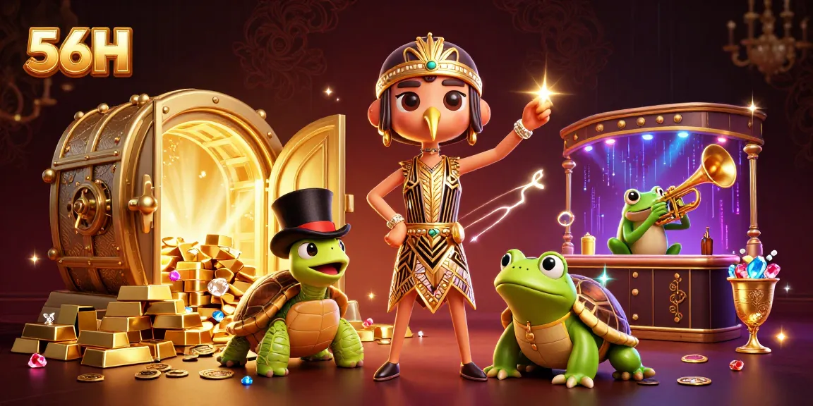 Engage with 56H's online casino excitement through vibrant characters and shining treasures, embodying the thrill of gaming.