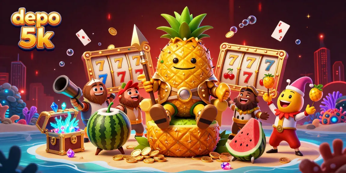 Spin and win with depo 5k at a vibrant casino featuring golden symbols and lively characters.