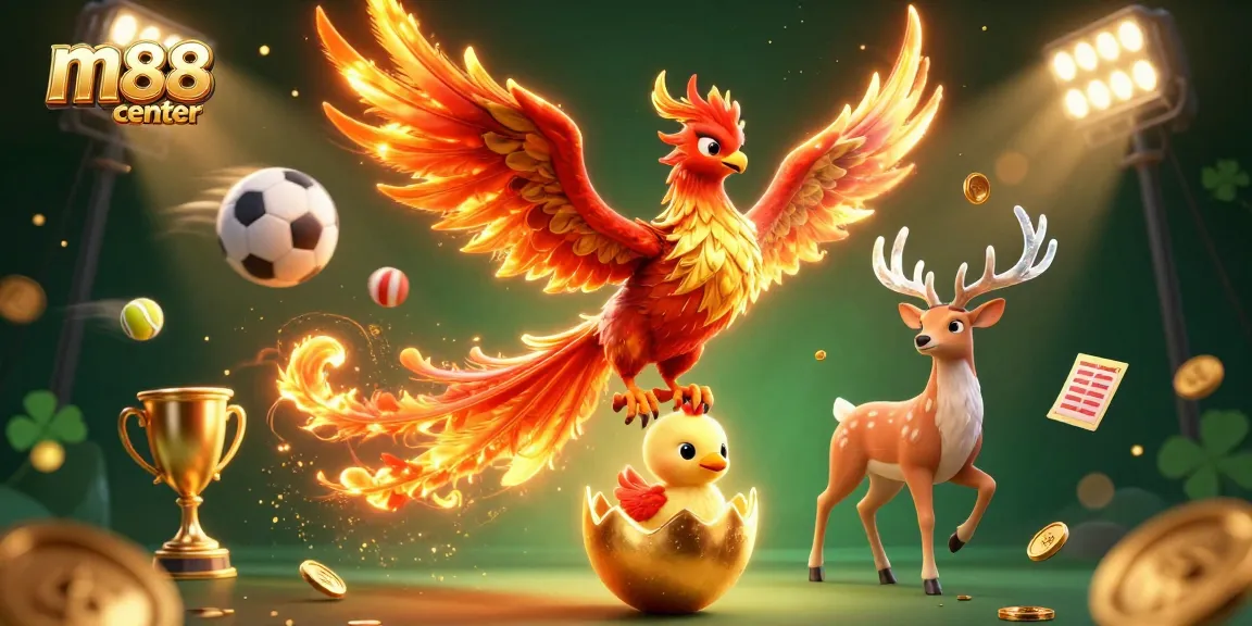 Experience excitement at m88 center as a golden phoenix and stag surround sports betting elements in a vibrant scene.