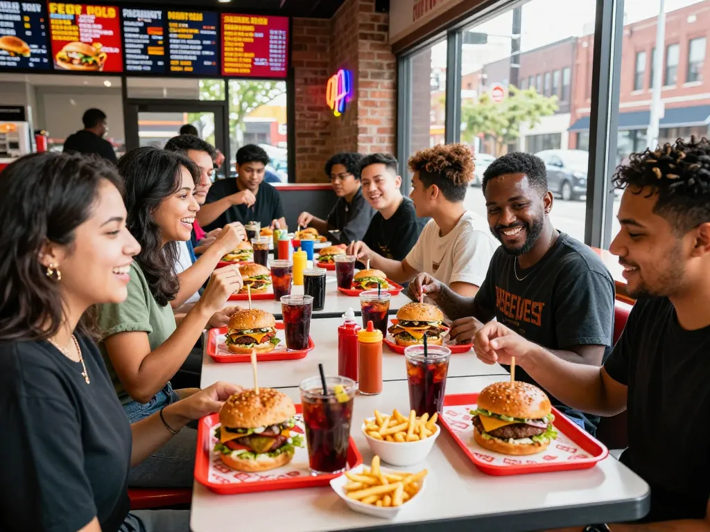 Dining friends enjoying fast food prices at a vibrant restaurant scene.