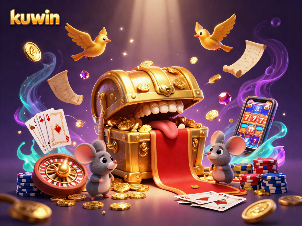 Kuwin adventure unfolds with golden treasure chest, coins, and vibrant gaming elements.