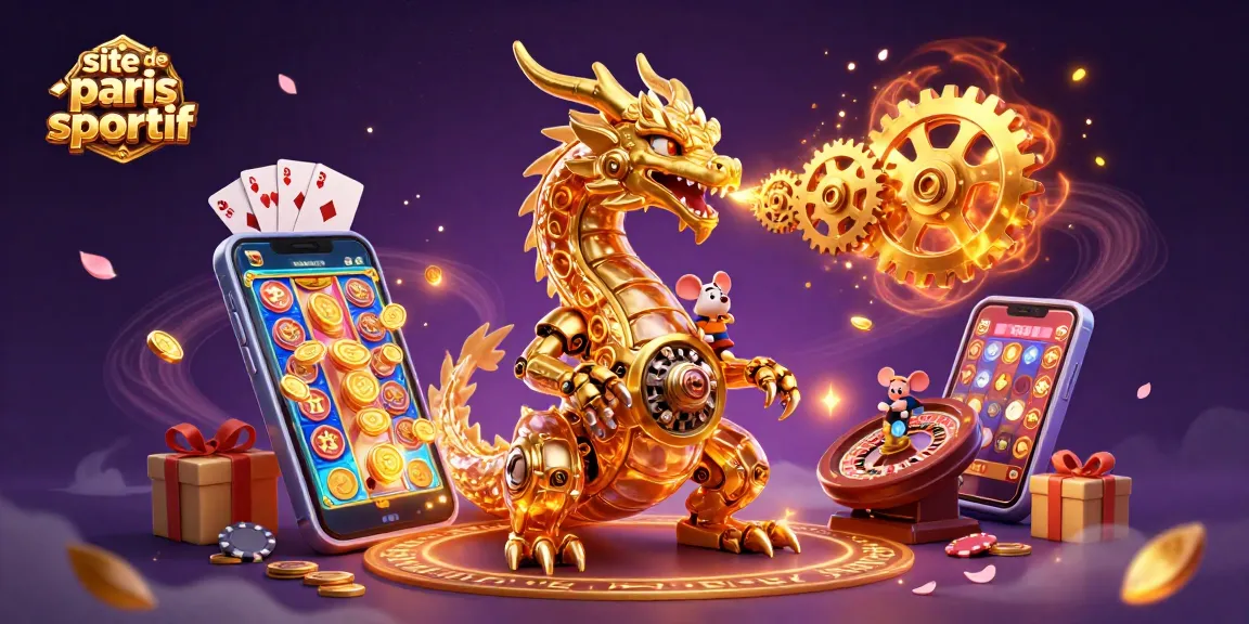 Explore le site de paris sportif avec un dragon en or, smartphone et éléments de casino.
