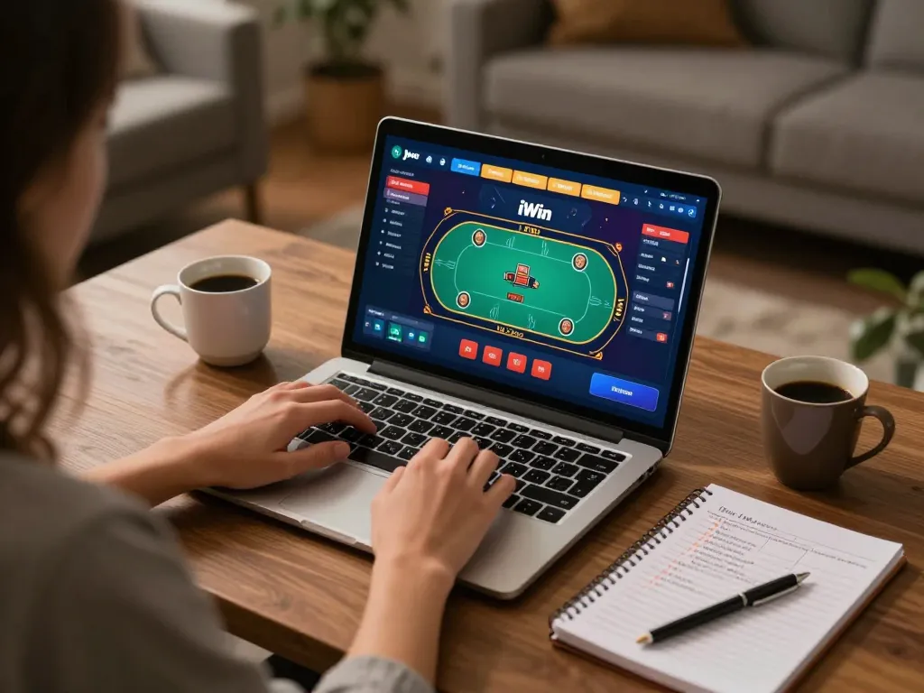 iWin gameplay with focused player analyzing poker strategies on laptop at home office
