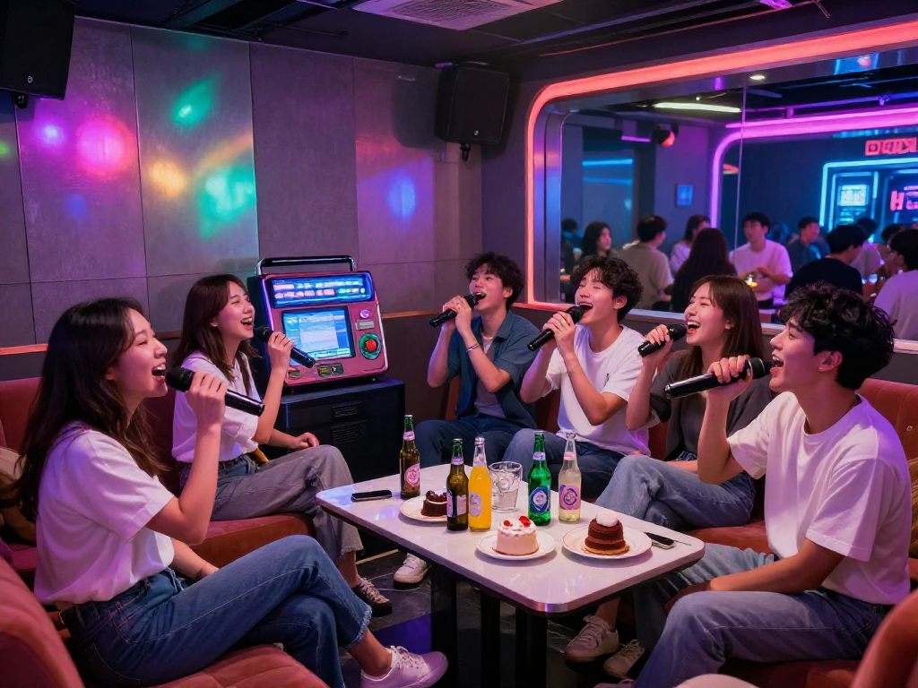 강남 디저트 가라오케에서 친구들과 함께 즐거운 시간을 보내는 모습