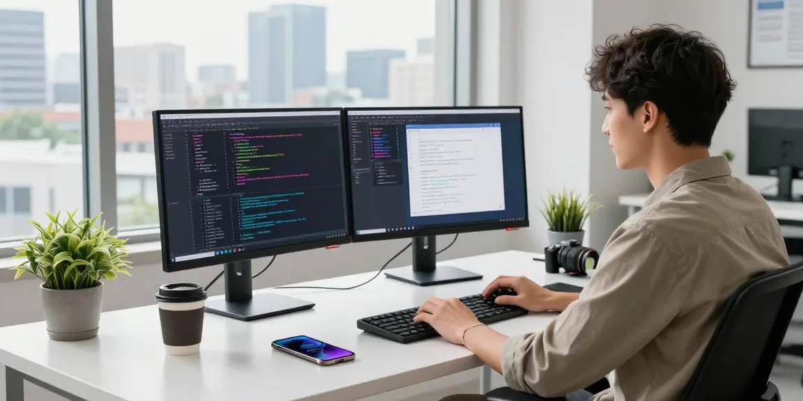 Developer coding in a modern workspace, showcasing 纸飞机中文版官网 on dual monitors for enhanced messaging.