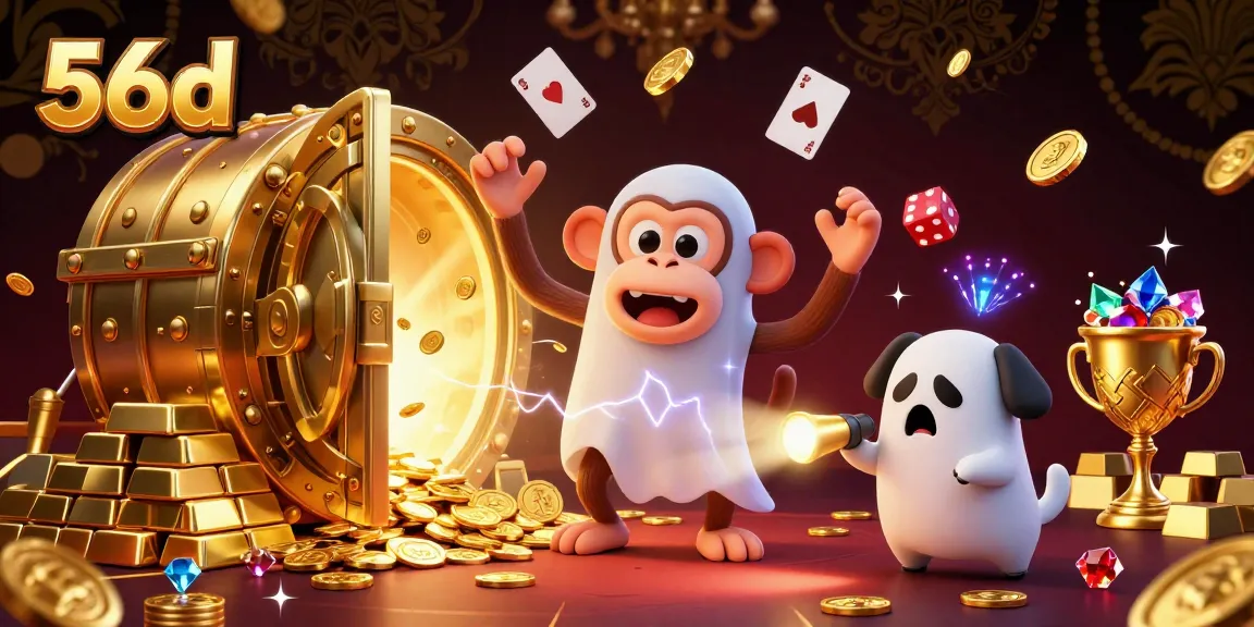 Experience the thrill of gambling with 56d's engaging casino scene featuring a mischievous monkey and a ghost-hunter puppy.