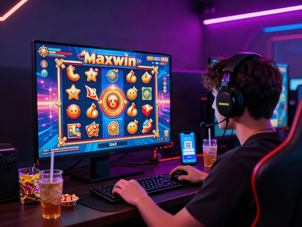 Player enjoying slot maxwin on HD screen with QRIS payment interface and gaming setup.