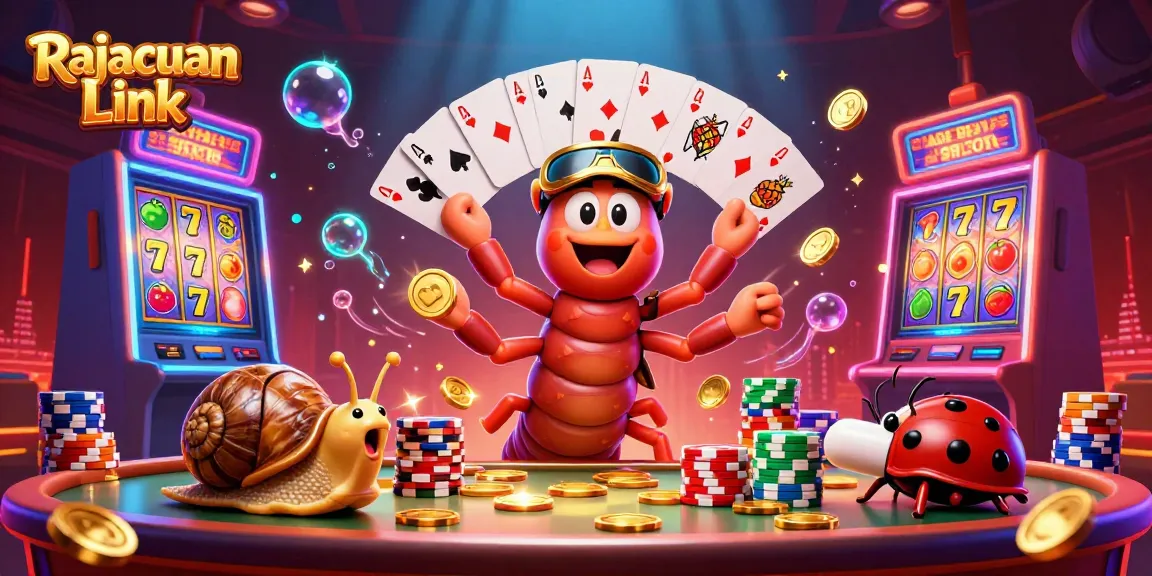 Permainan slot Rajacuan Link dengan dealer serangga, chip berwarna, dan suasana kasino yang ramai.