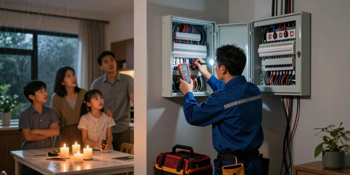This page illustrates emergency electrical services with a technician inspecting a power issue.