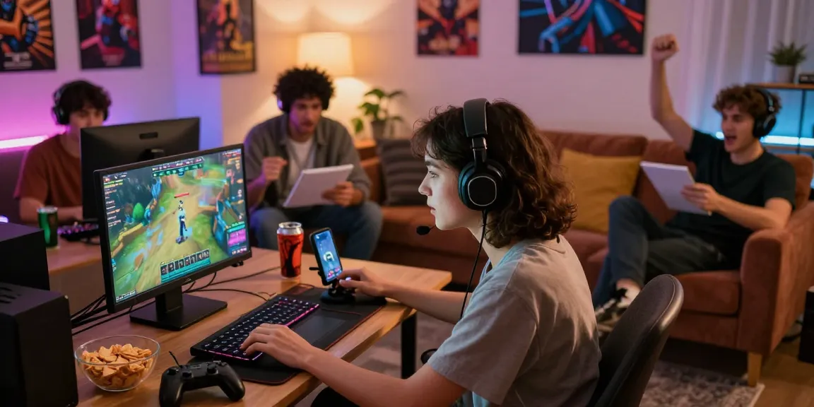 Diverse gamers accessing CIKA4D online games in a vibrant living room setup, showcasing an exciting gaming atmosphere.