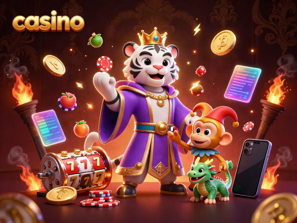 Engaging casino scene featuring a white tiger, a golden monkey juggling chips, and a jade dragon amidst vibrant slot reels and crypto elements.