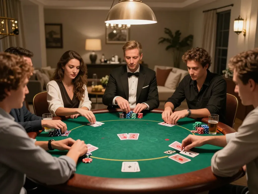 Friends enjoying a poker night at home, playing Texas Hold'em with uu88 themed excitement and engaging gameplay.