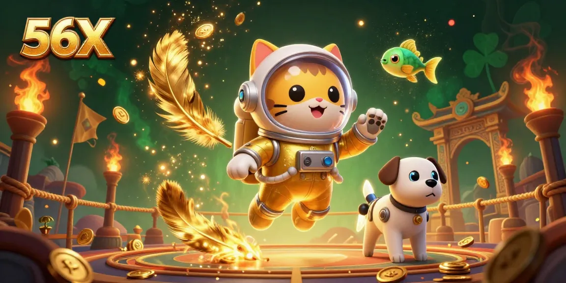 56X showcases an ultra-detailed 3D scene of a space astronaut cat and robot dog in a dynamic casino atmosphere.