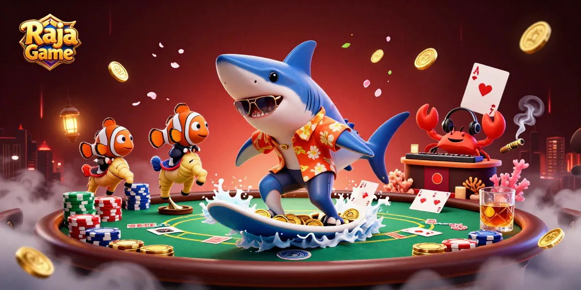 Experience exciting wins with Raja Game as a hammerhead shark surfs gold coins amidst vibrant casino action.